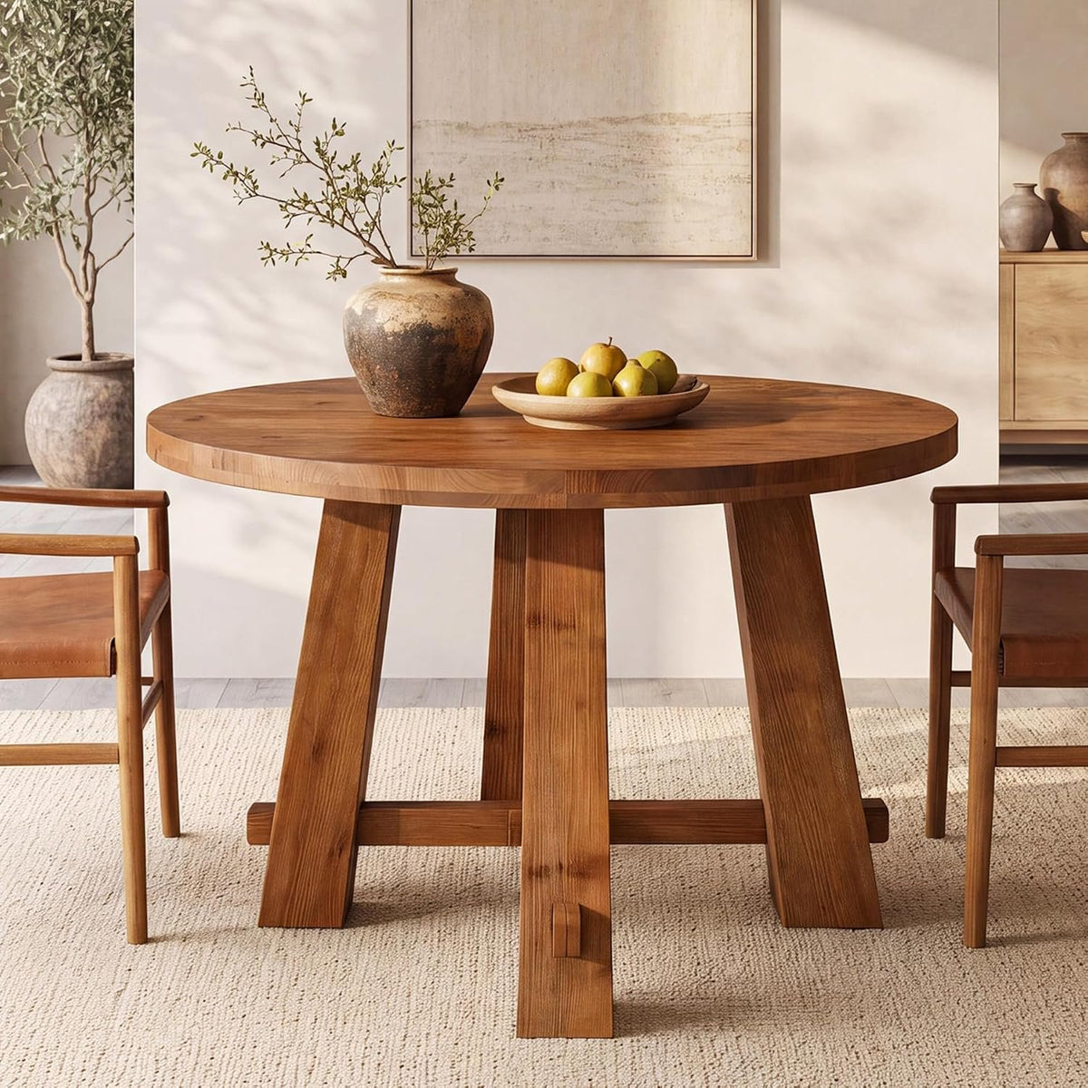 100cm Round Dining Table, Solid Wood Farmhouse Kitchen Table with Cross Base for 2-4