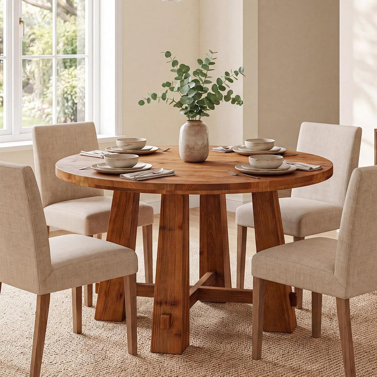 100cm Round Dining Table, Solid Wood Farmhouse Kitchen Table with Cross Base for 2-4