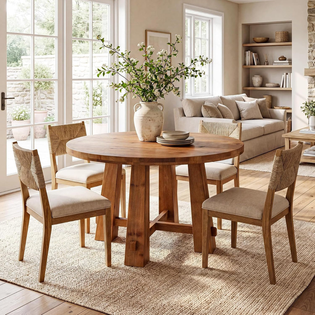 100cm Round Dining Table, Solid Wood Farmhouse Kitchen Table with Cross Base for 2-4