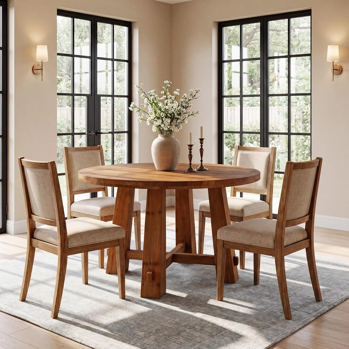 100cm Round Dining Table, Solid Wood Farmhouse Kitchen Table with Cross Base for 2-4