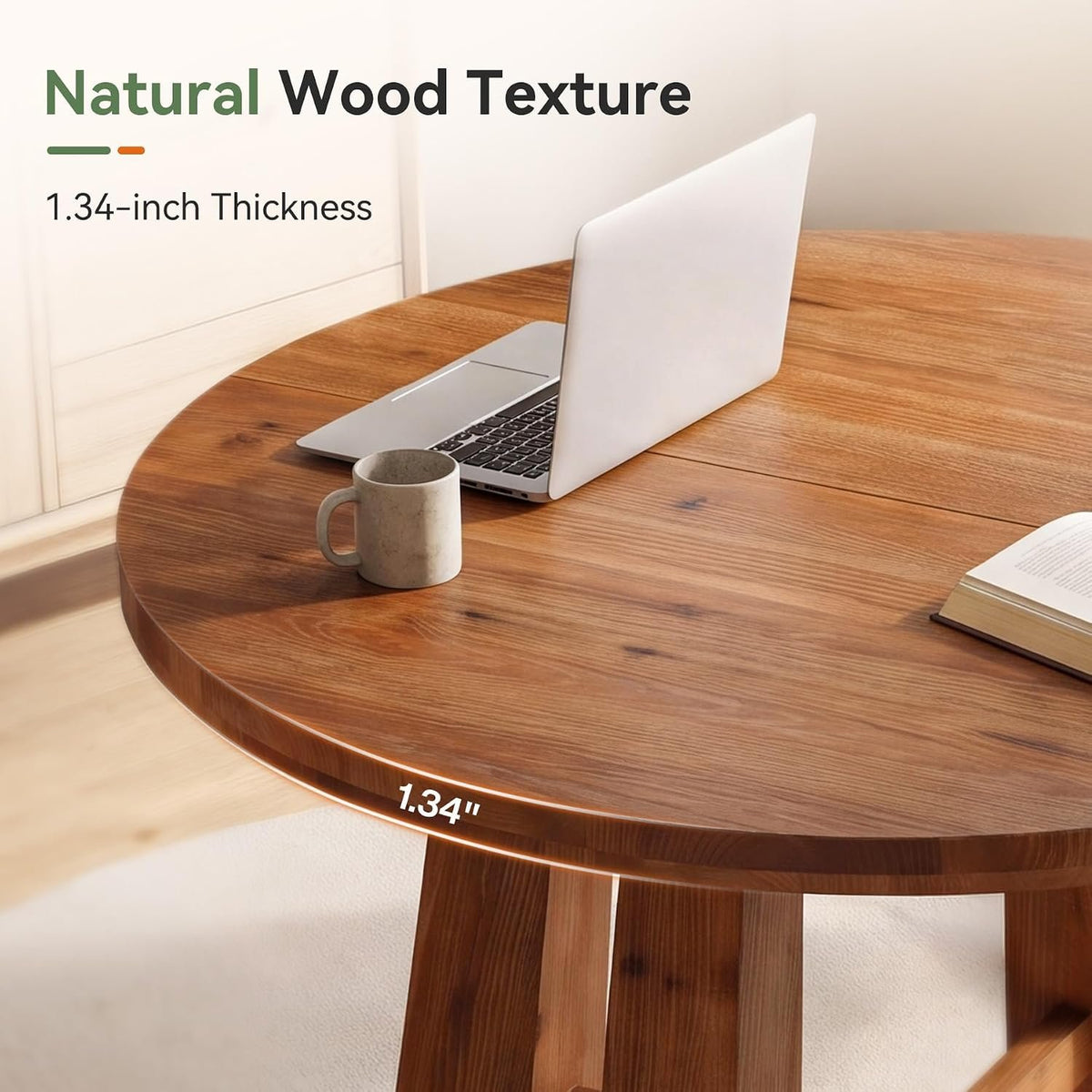 100cm Round Dining Table, Solid Wood Farmhouse Kitchen Table with Cross Base for 2-4