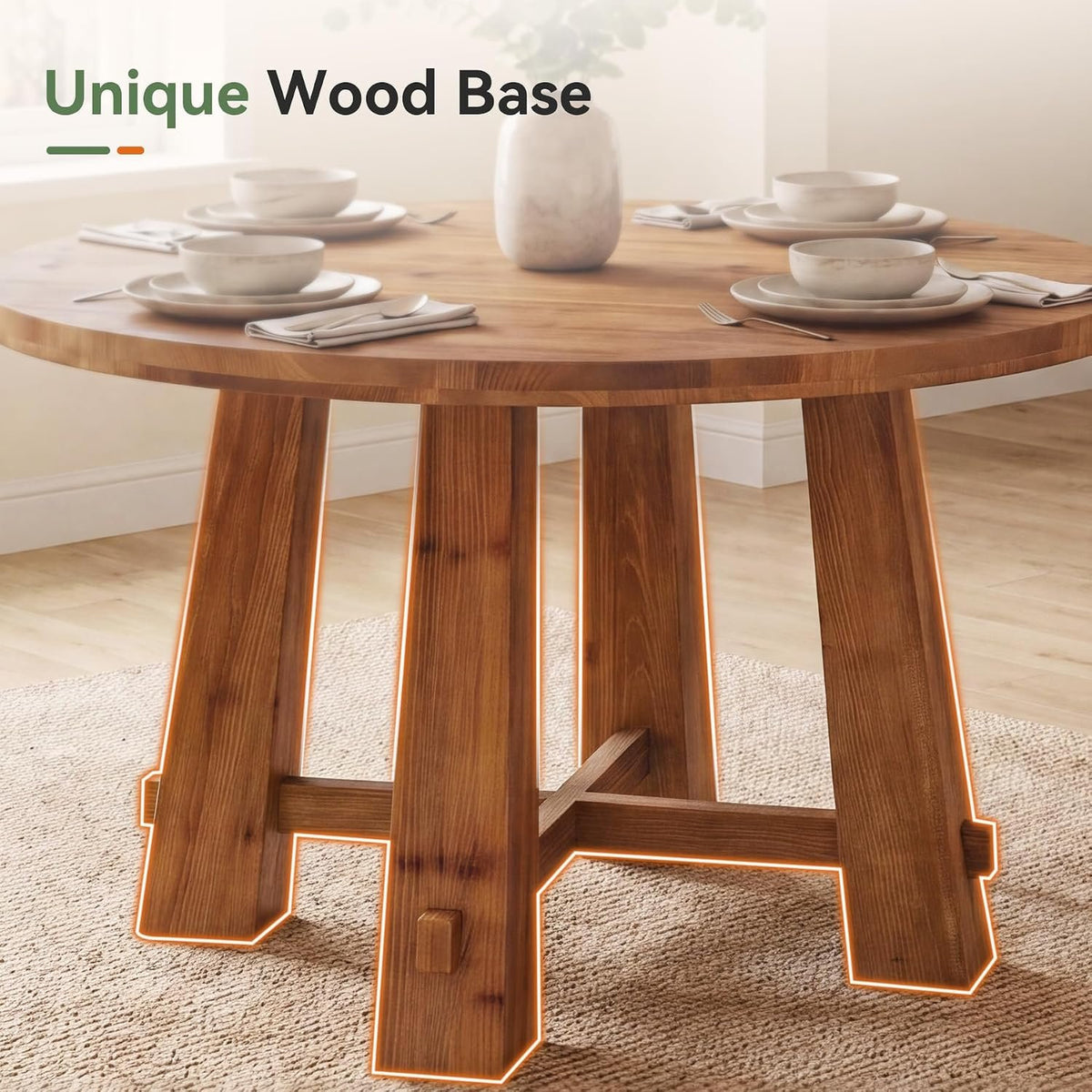 100cm Round Dining Table, Solid Wood Farmhouse Kitchen Table with Cross Base for 2-4