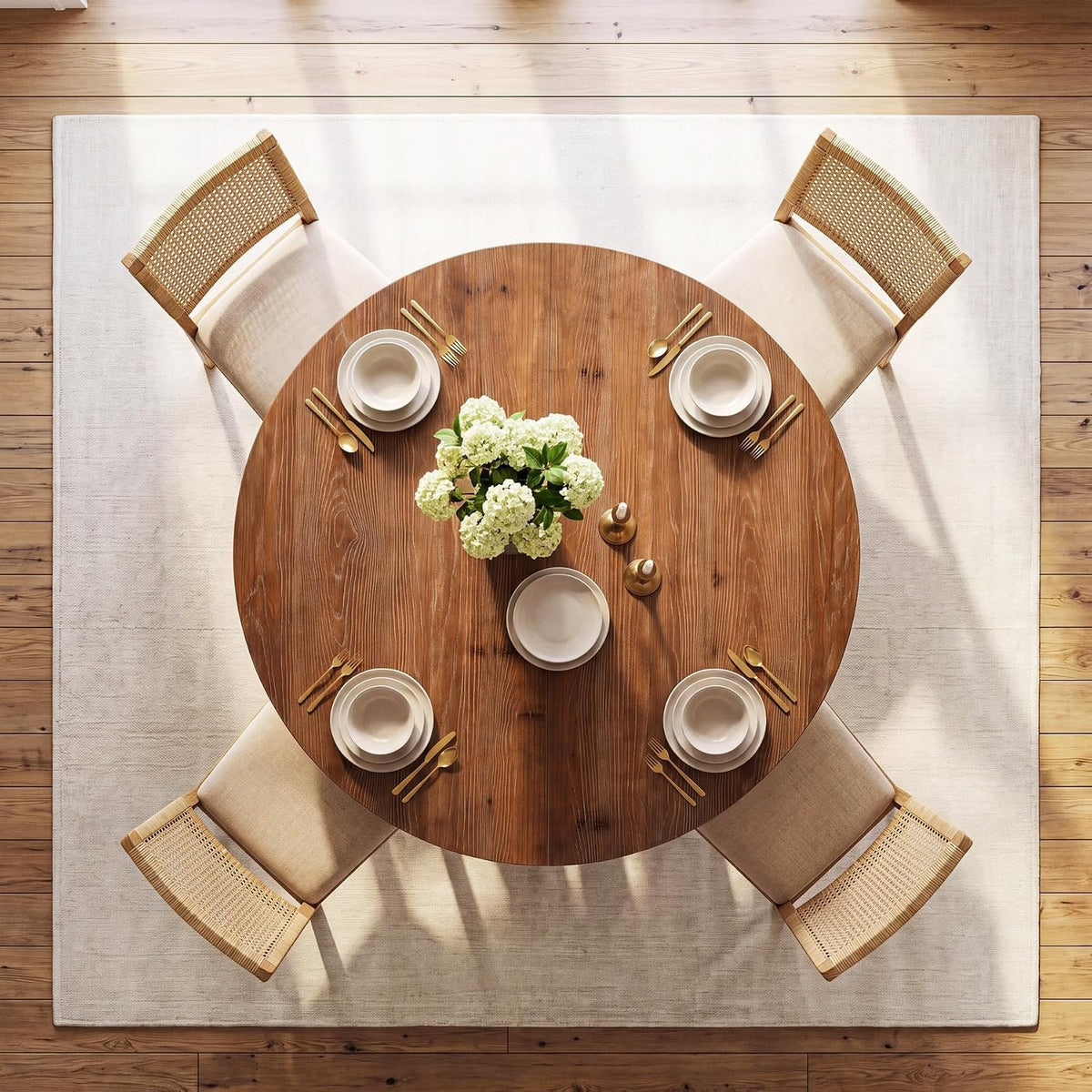 100cm Round Dining Table, Solid Wood Farmhouse Kitchen Table with Cross Base for 2-4