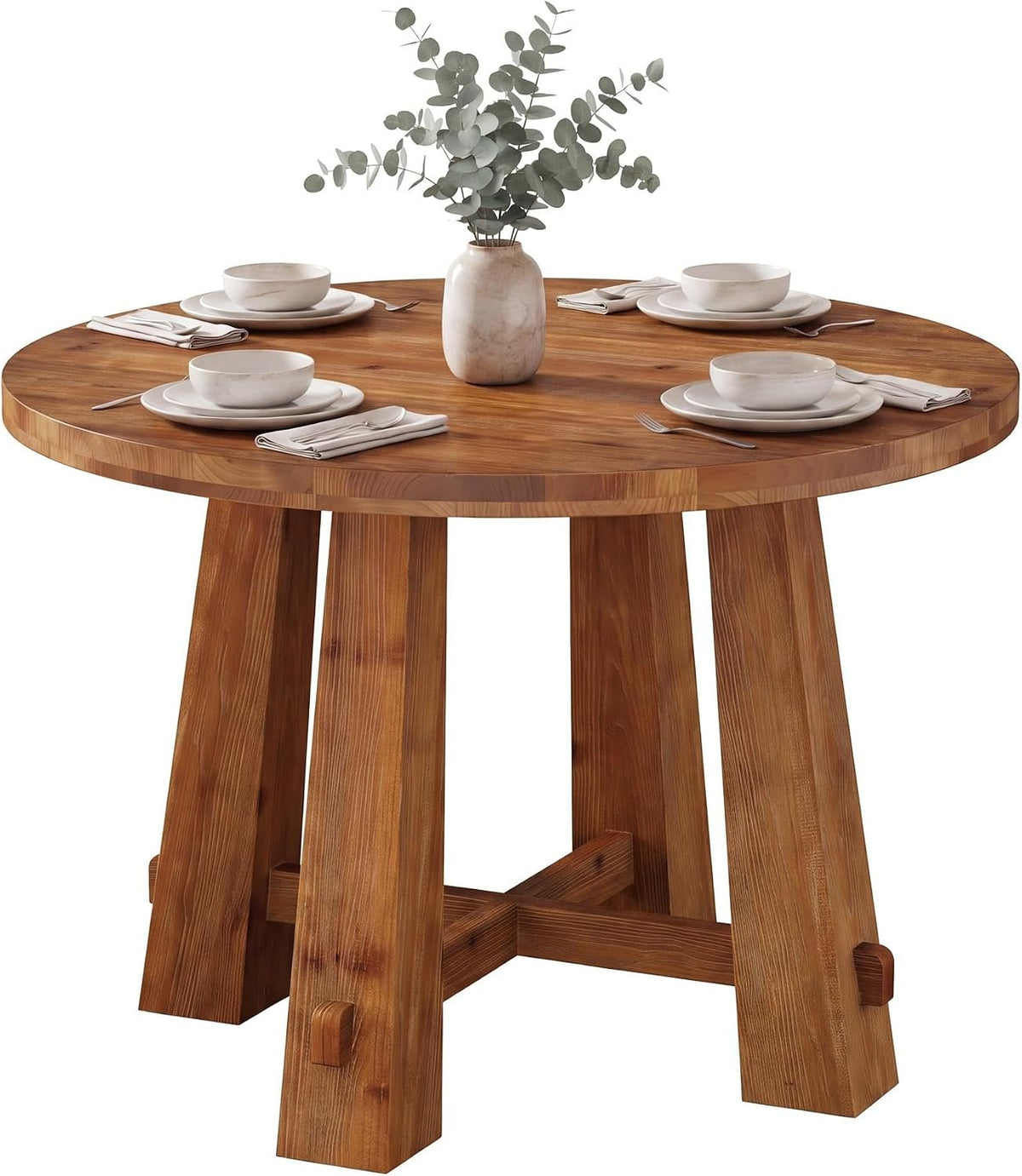 100cm Round Dining Table, Solid Wood Farmhouse Kitchen Table with Cross Base for 2-4