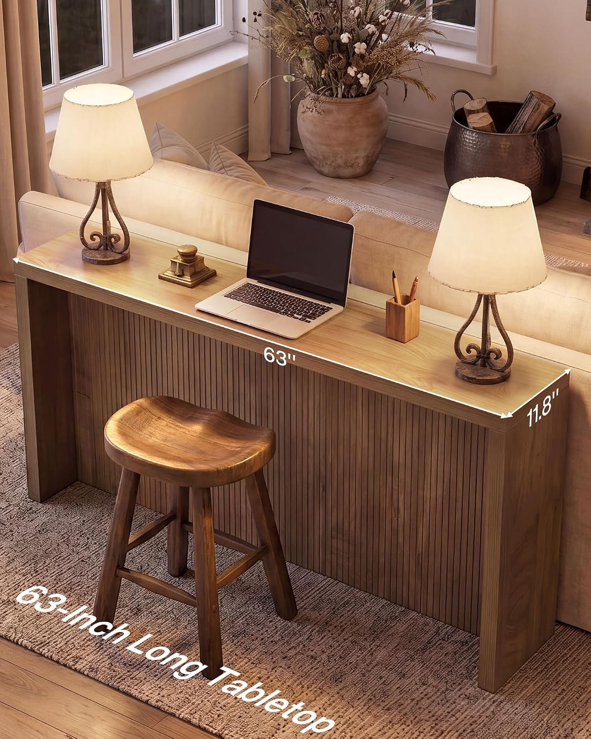 160cm Console Table, Rustic Ribbed Wooden Hallway Table