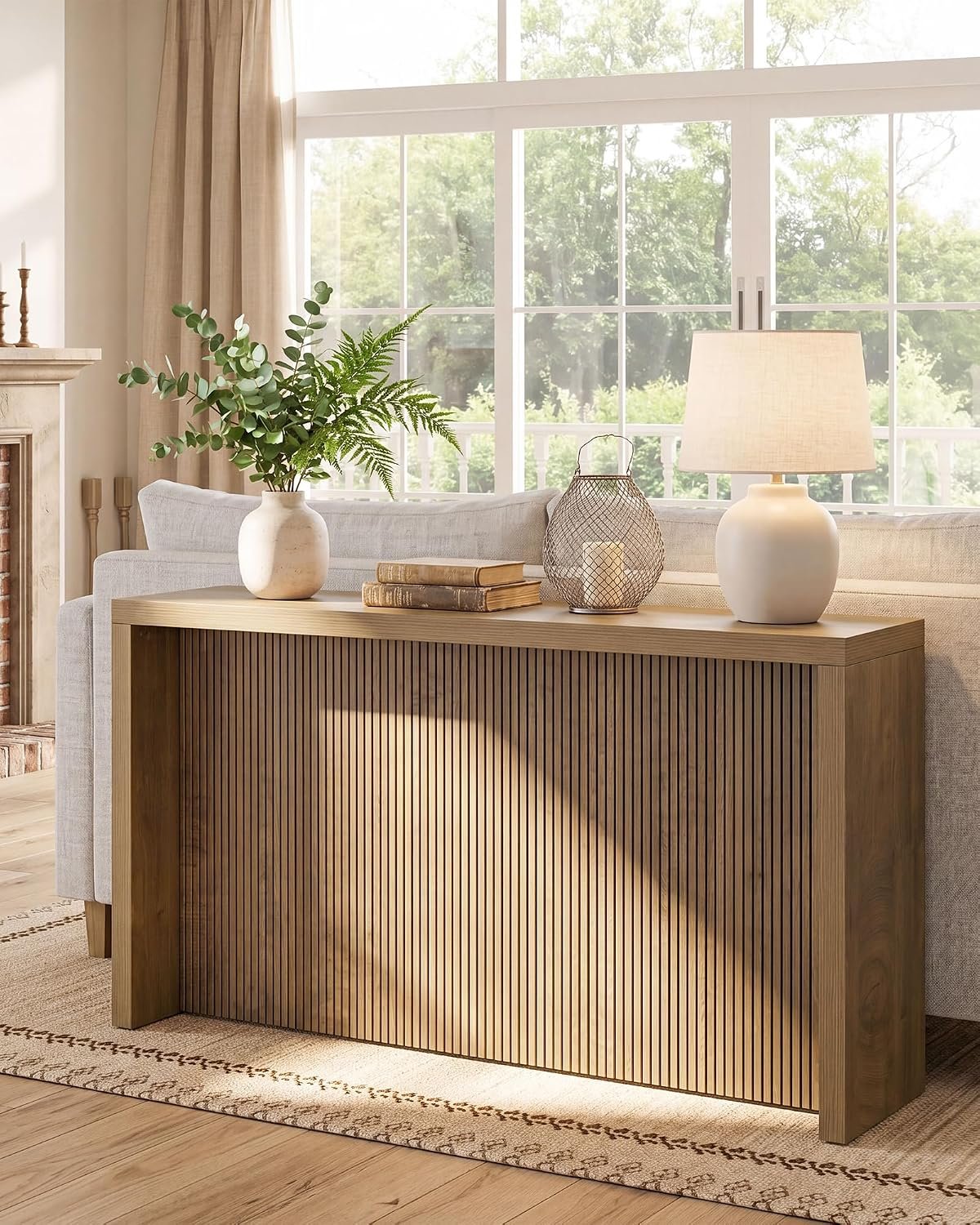 160cm Console Table, Rustic Ribbed Wooden Hallway Table