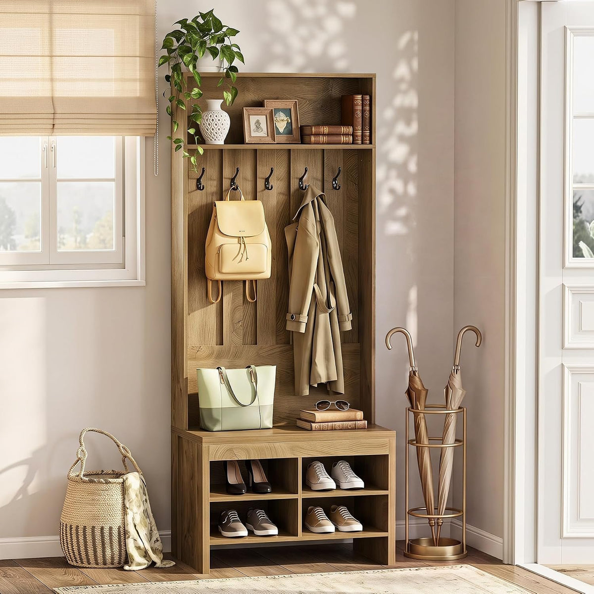 180cm Hall Tree, Coat Rack with Bench & Shoe Storage for Hallway