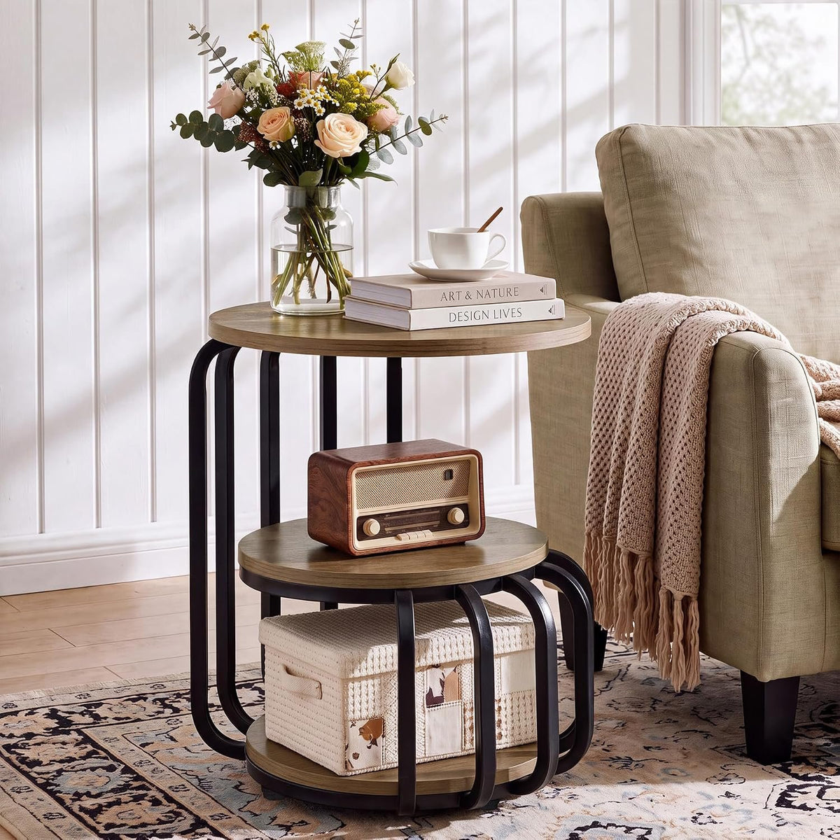 50cm Round Side Table, 3-Tier Industrial Metal Frame Storage Table for Living Room