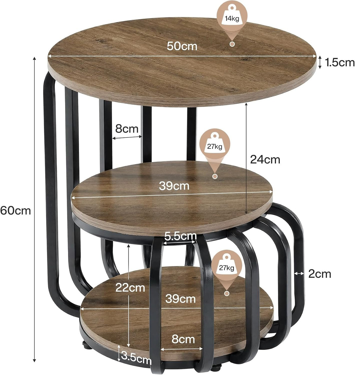 50cm Round Side Table, 3-Tier Industrial Metal Frame Storage Table for Living Room