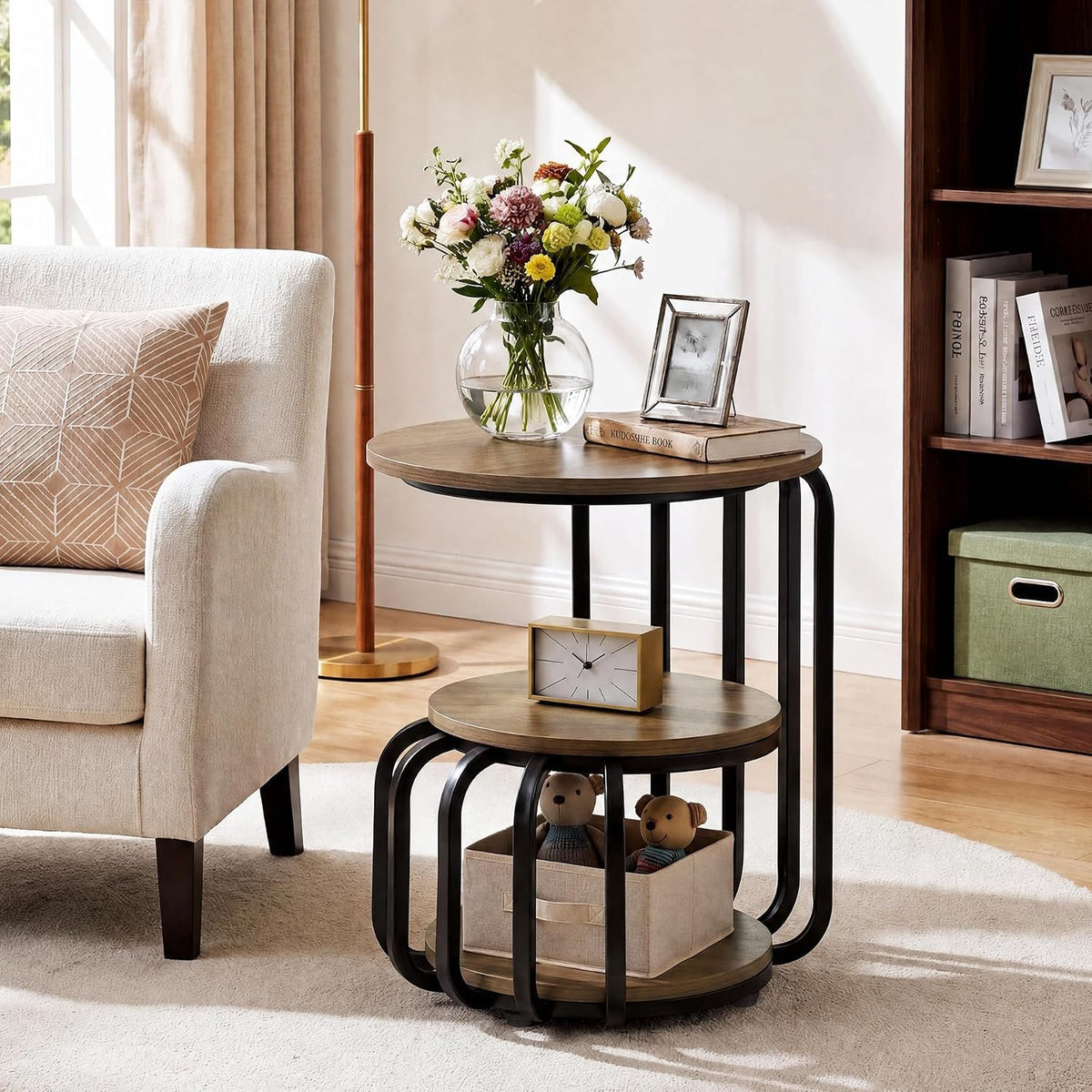 50cm Round Side Table, 3-Tier Industrial Metal Frame Storage Table for Living Room