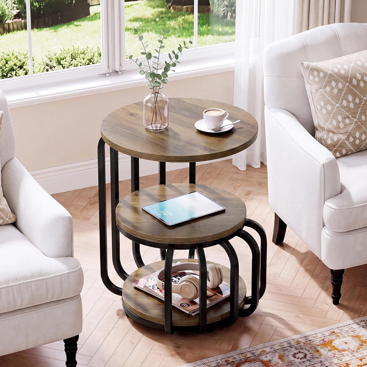 50cm Round Side Table, 3-Tier Industrial Metal Frame Storage Table for Living Room