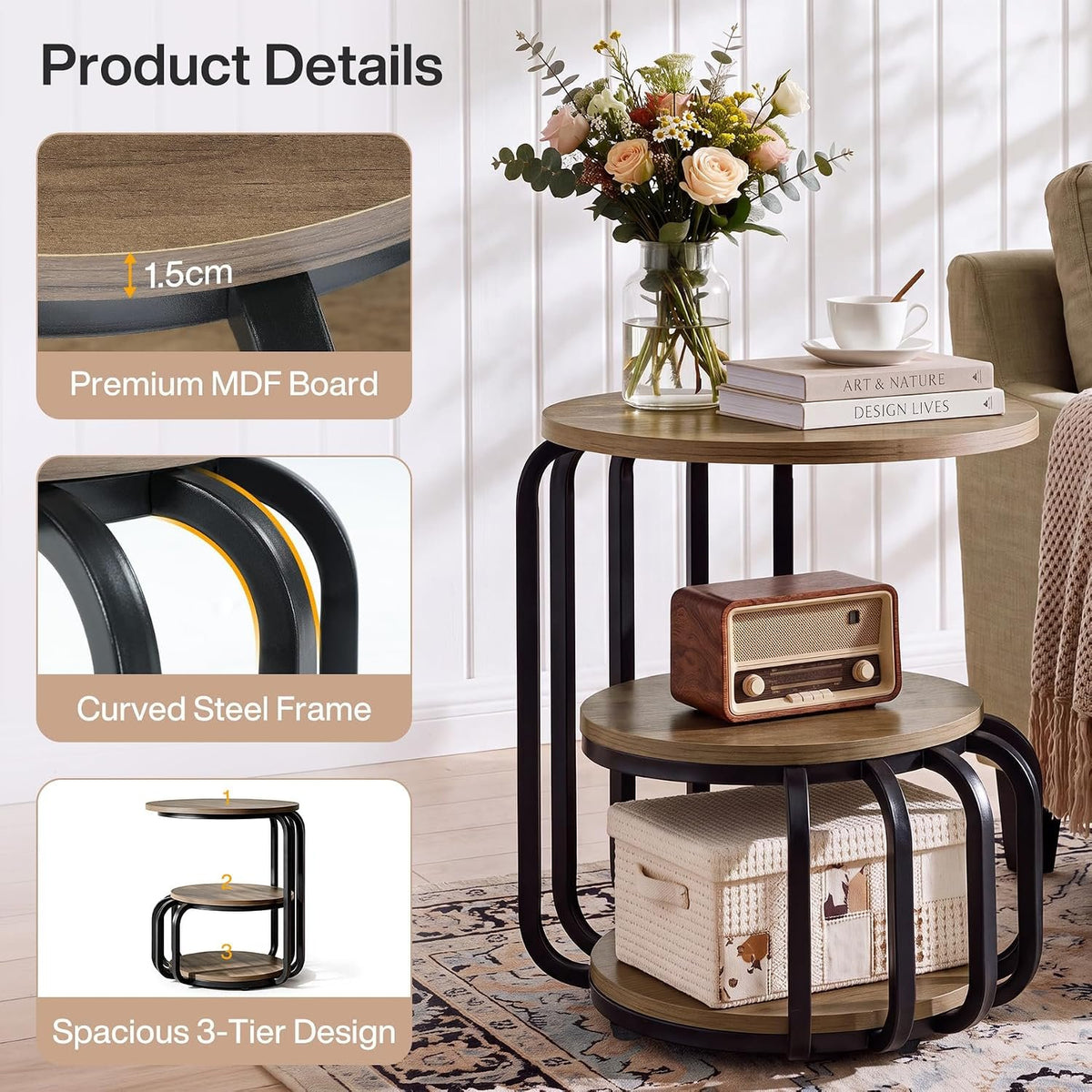 50cm Round Side Table, 3-Tier Industrial Metal Frame Storage Table for Living Room