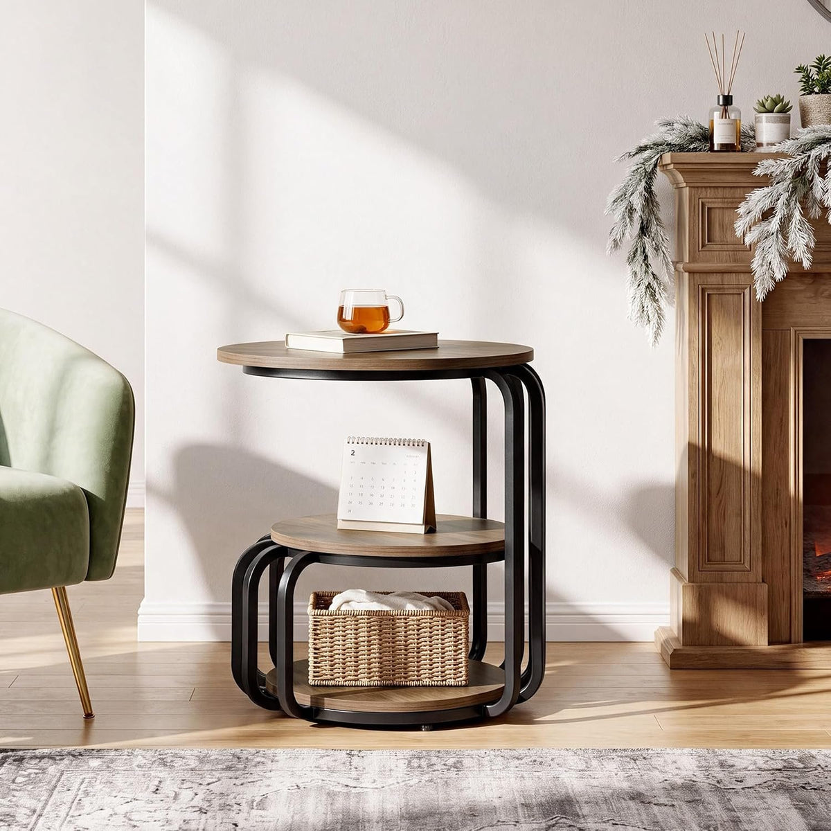 50cm Round Side Table, 3-Tier Industrial Metal Frame Storage Table for Living Room