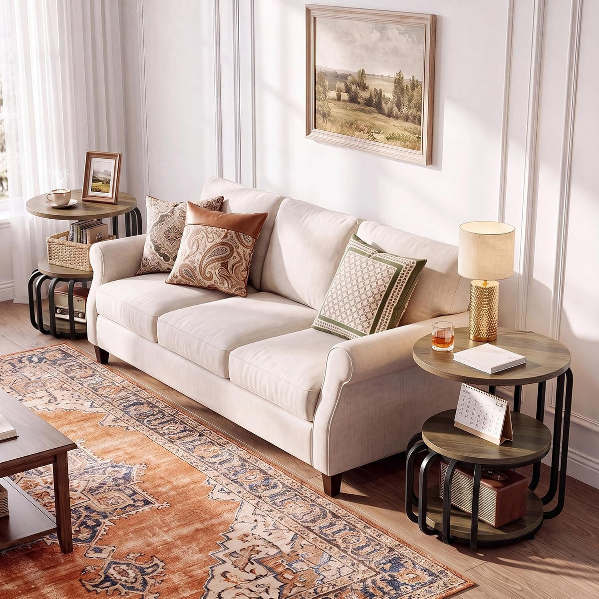 50cm Round Side Table, 3-Tier Industrial Metal Frame Storage Table for Living Room