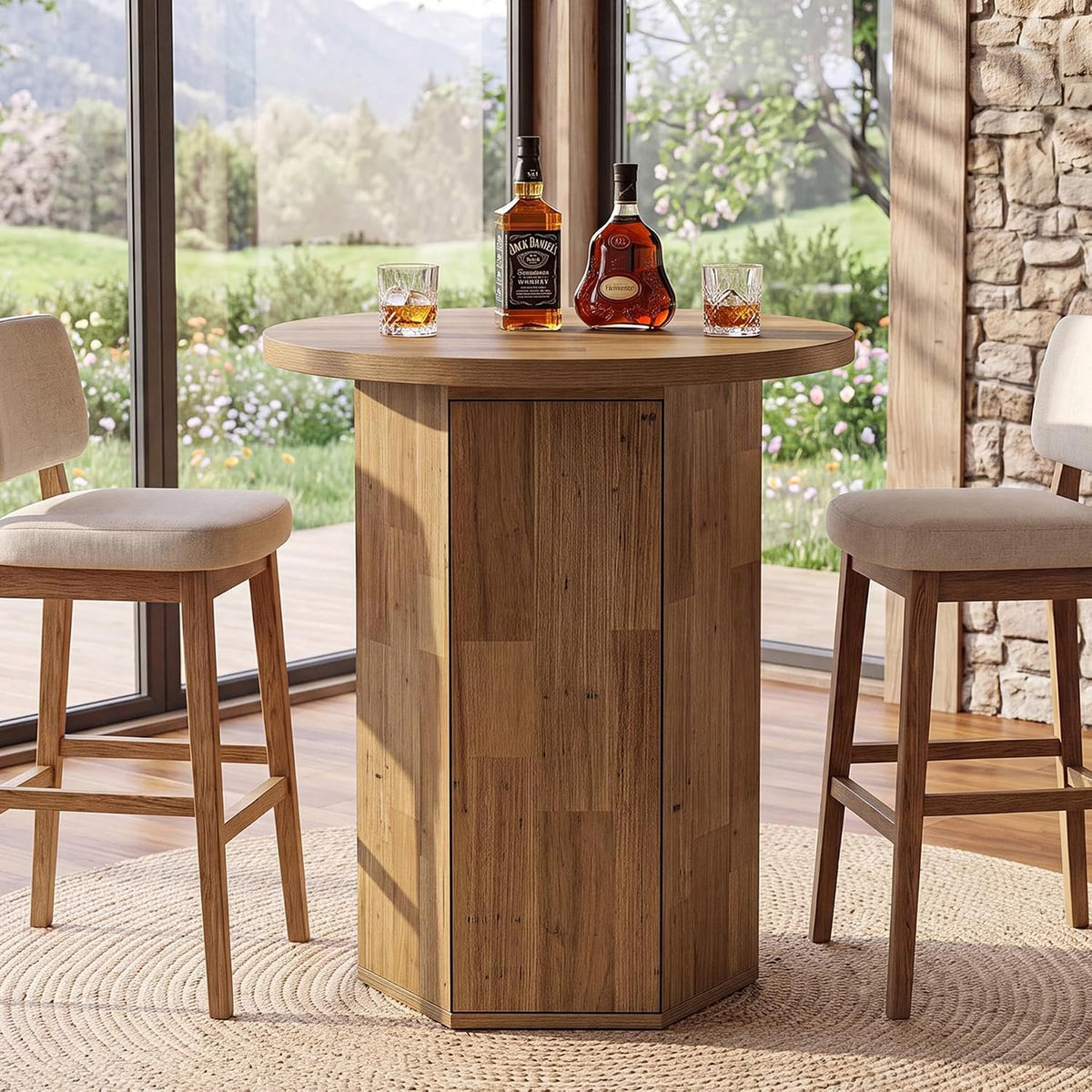 80cm Round Bar Table, Rustic High Pub Table with Storage Cabinet for Home Bar Kitchen