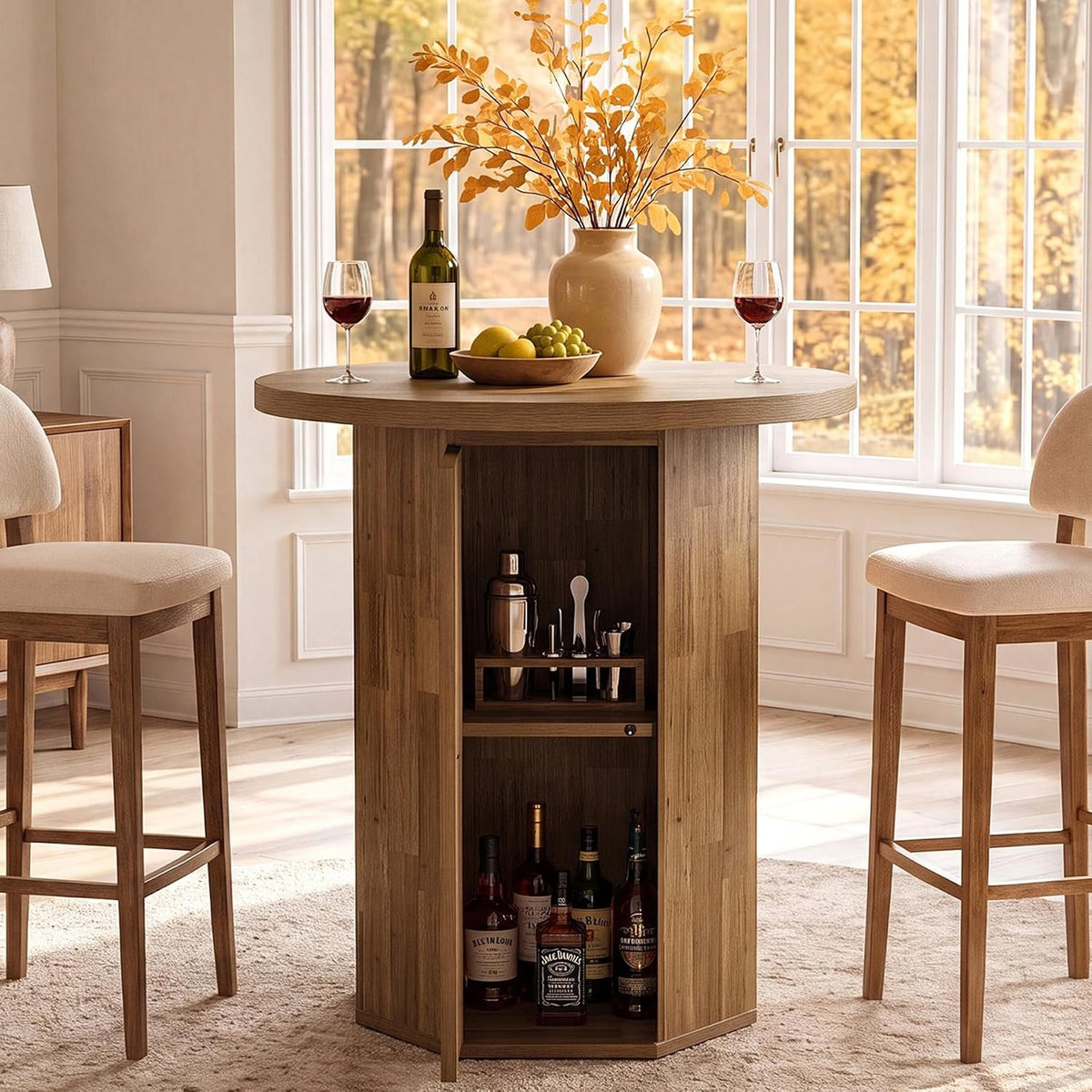 80cm Round Bar Table, Rustic High Pub Table with Storage Cabinet for Home Bar Kitchen