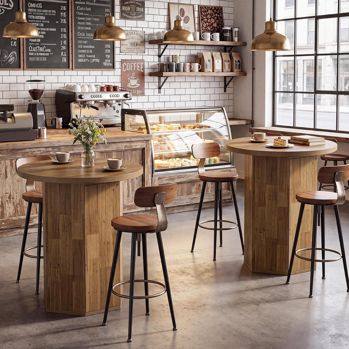 80cm Round Bar Table, Rustic High Pub Table with Storage Cabinet for Home Bar Kitchen