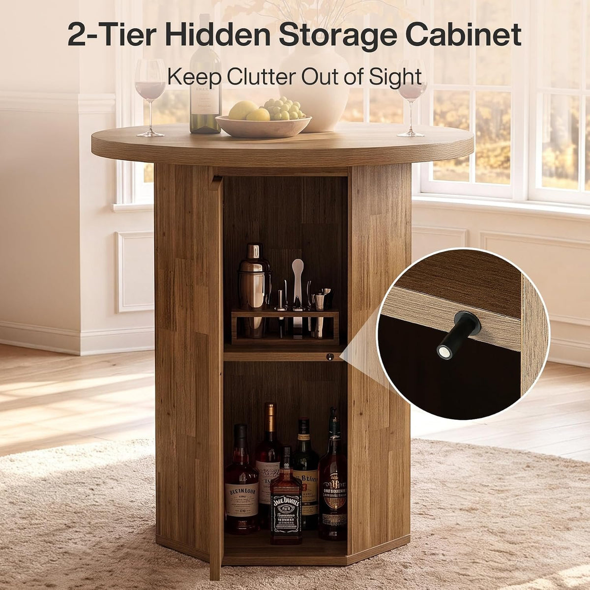80cm Round Bar Table, Rustic High Pub Table with Storage Cabinet for Home Bar Kitchen