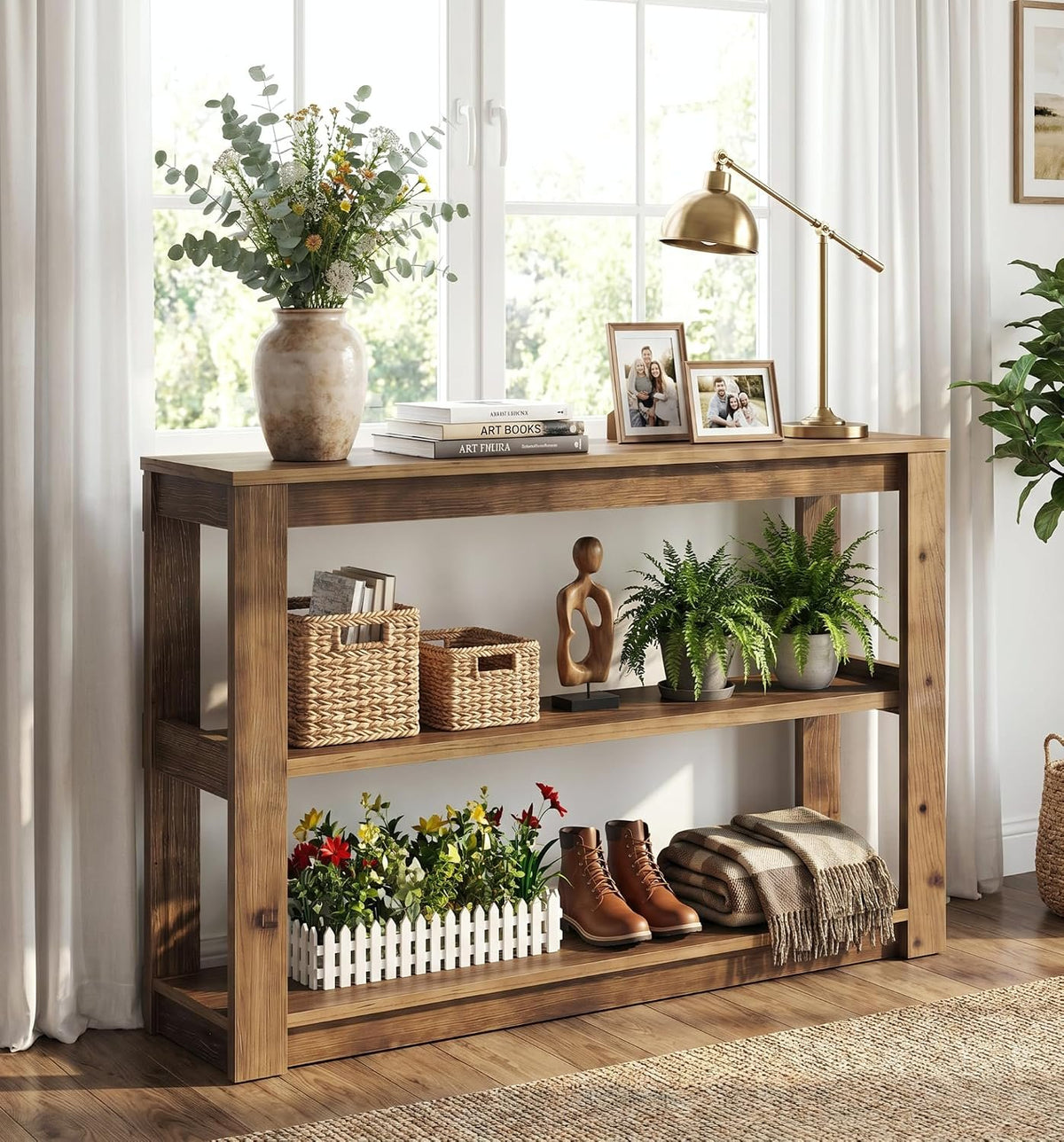105cm Console Table, Solid Wood 3-Tier Narrow Rustic Hallway Table