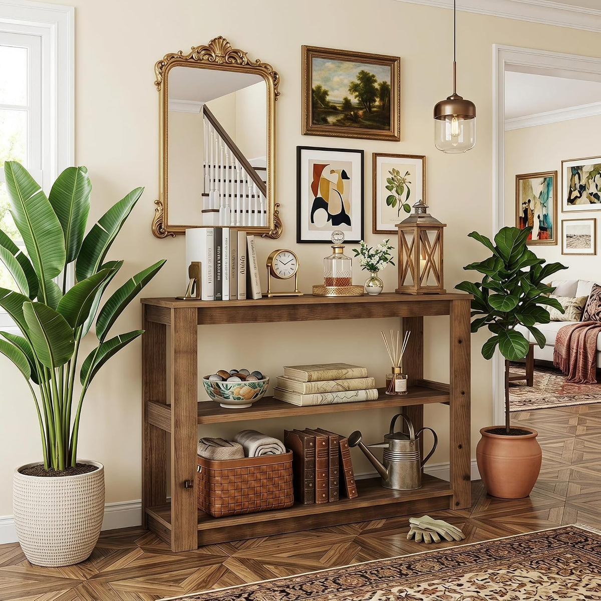 105cm Console Table, Solid Wood 3-Tier Narrow Rustic Hallway Table