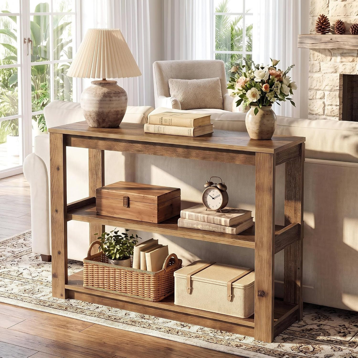 105cm Console Table, Solid Wood 3-Tier Narrow Rustic Hallway Table