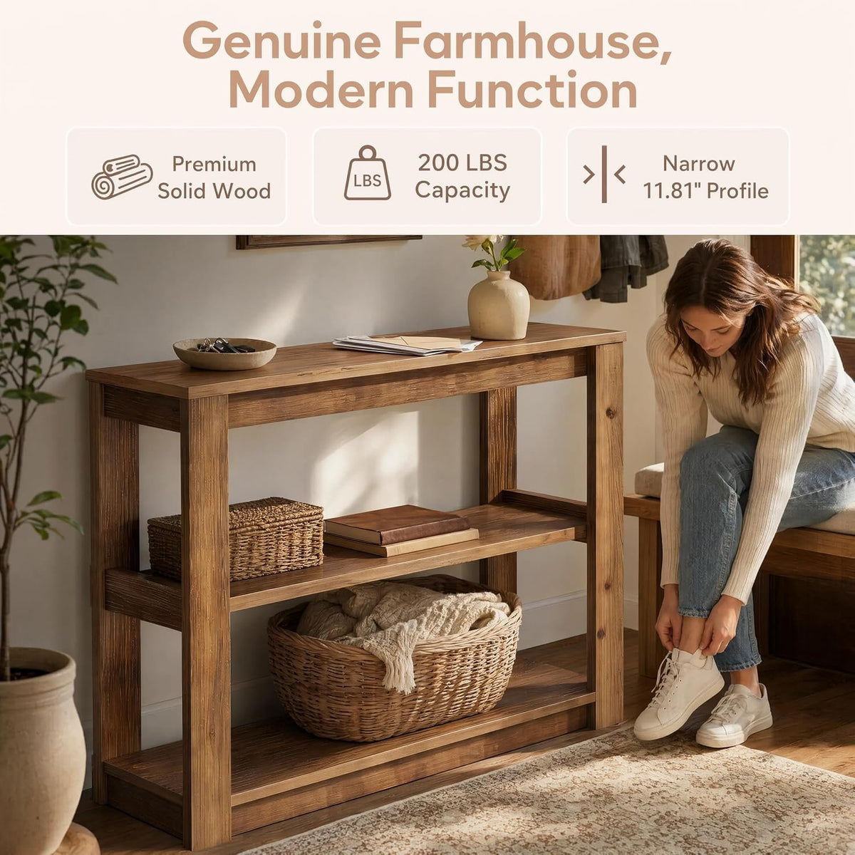 105cm Console Table, Solid Wood 3-Tier Narrow Rustic Hallway Table