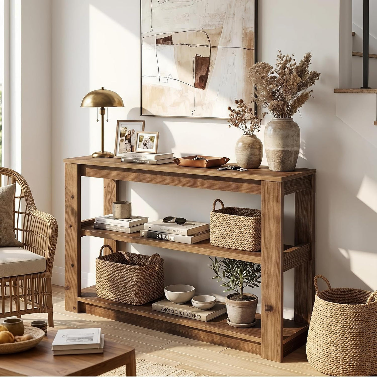 105cm Console Table, Solid Wood 3-Tier Narrow Rustic Hallway Table