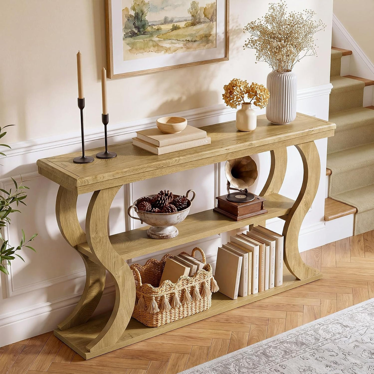 140cm Console Table, 3-Tier Narrow Wave Hallway Table for Living Room