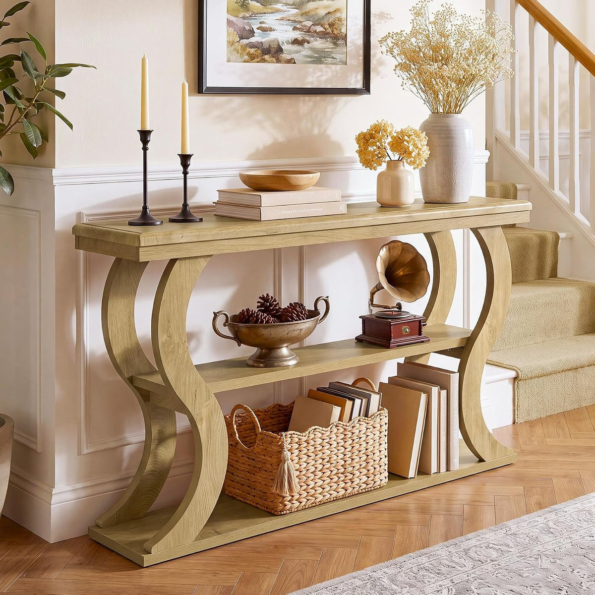 140cm Console Table, 3-Tier Narrow Wave Hallway Table for Living Room