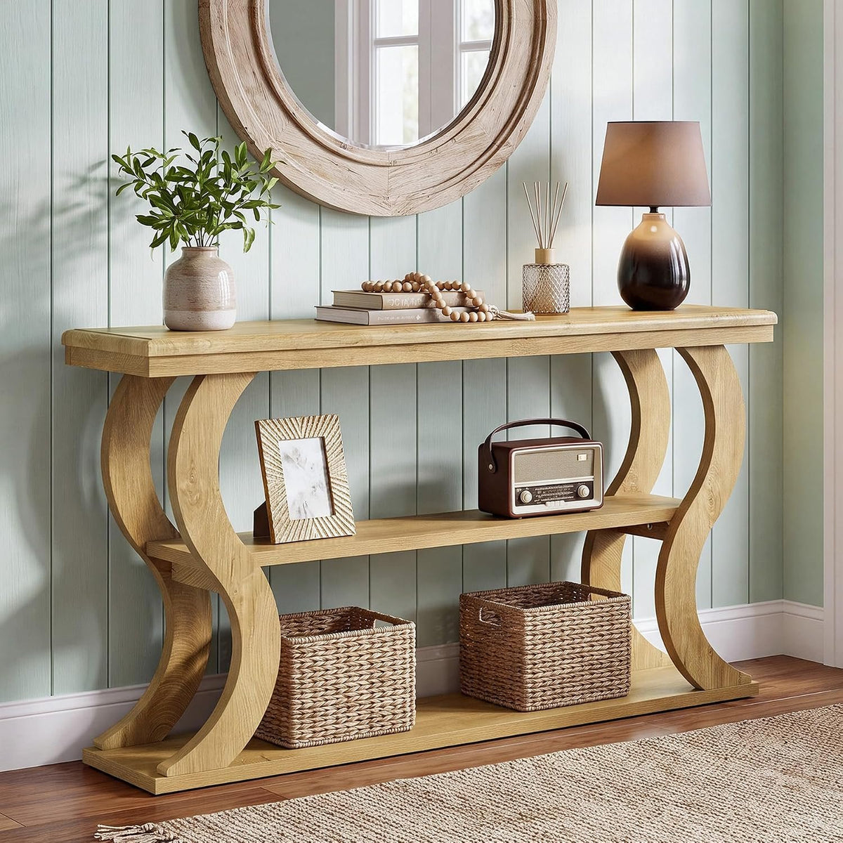 140cm Console Table, 3-Tier Narrow Wave Hallway Table for Living Room
