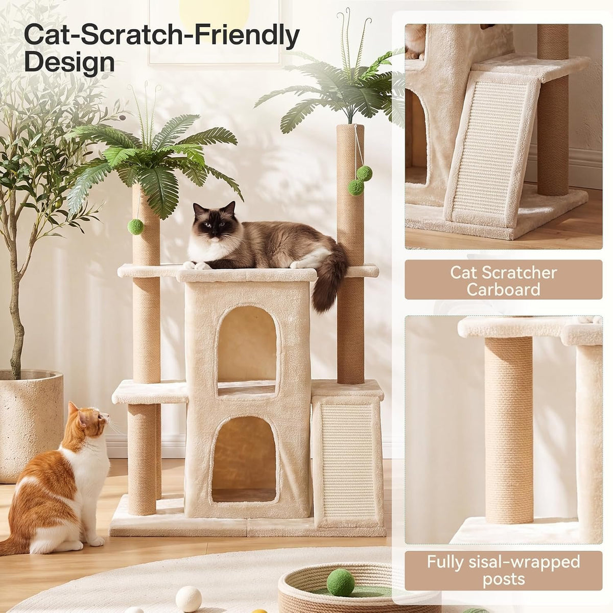 150cm Cat Tree, 2 Plush Condos & Sisal Posts for Multiple Cats