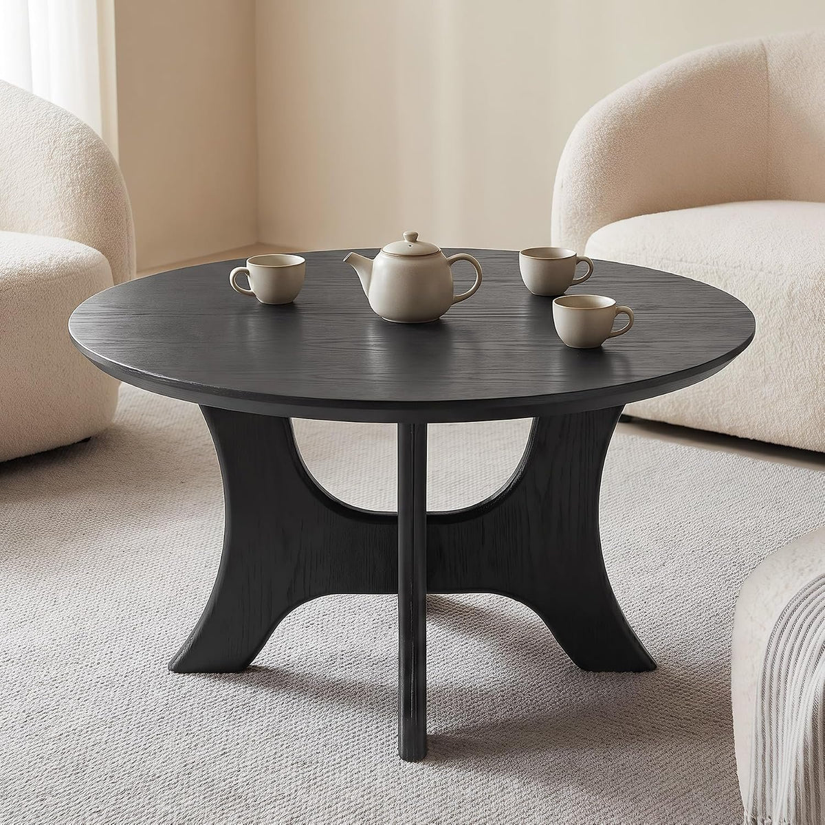 79cm Round Coffee Table, Modern Black Cross Base for Living Room