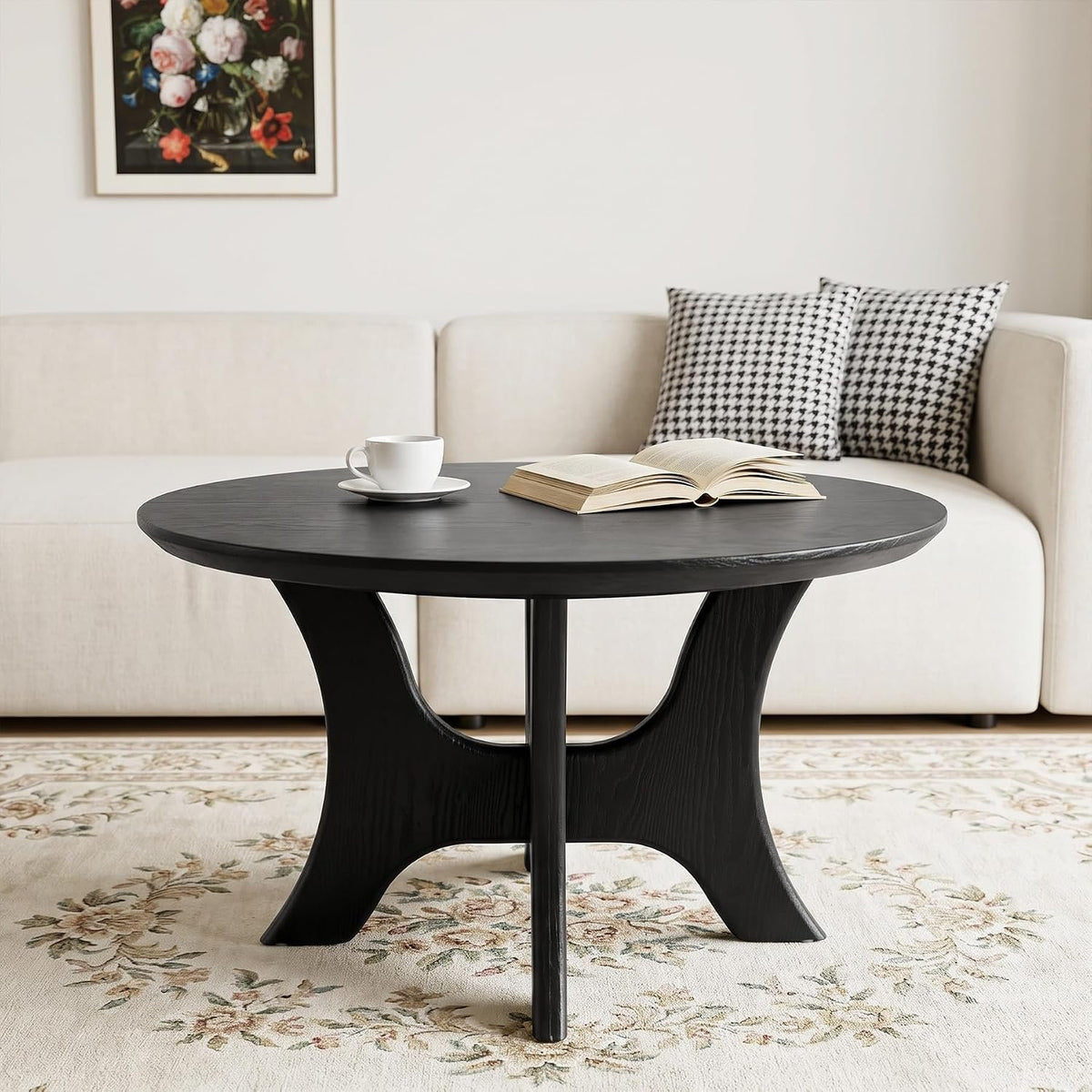 79cm Round Coffee Table, Modern Black Cross Base for Living Room
