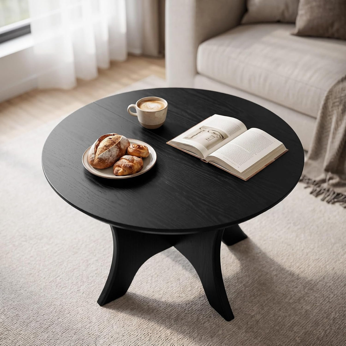 79cm Round Coffee Table, Modern Black Cross Base for Living Room