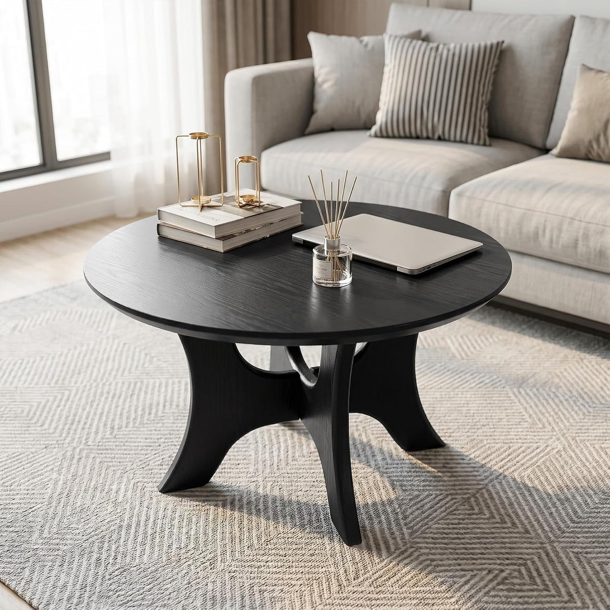 79cm Round Coffee Table, Modern Black Cross Base for Living Room