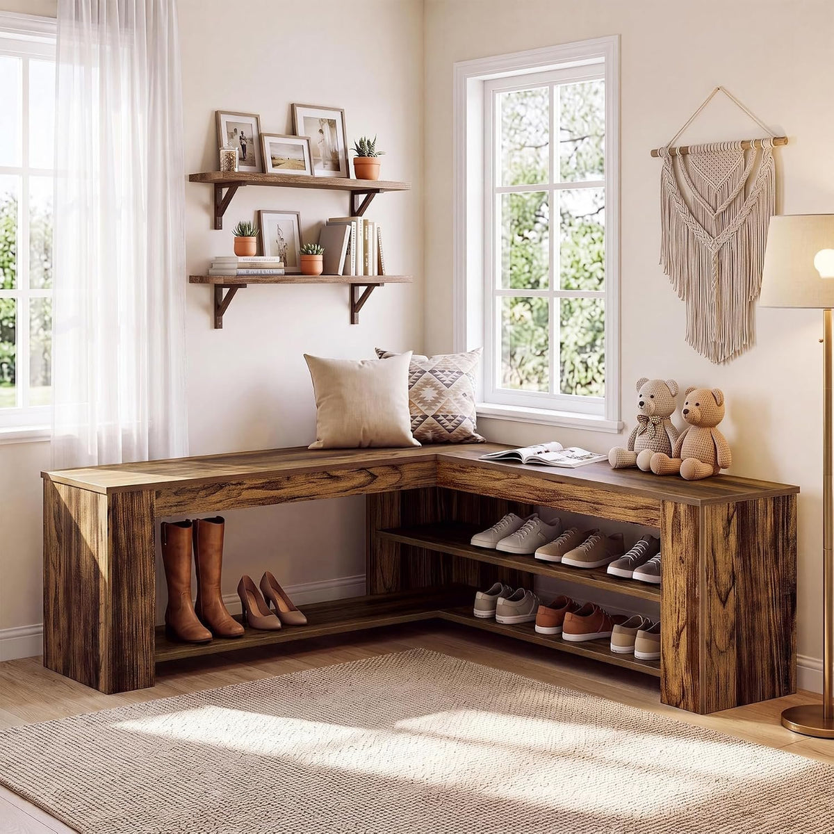 120cm L-Shaped Storage Bench, Corner Entryway Shoe Bench with 2-Tier Rack for Home Foyer