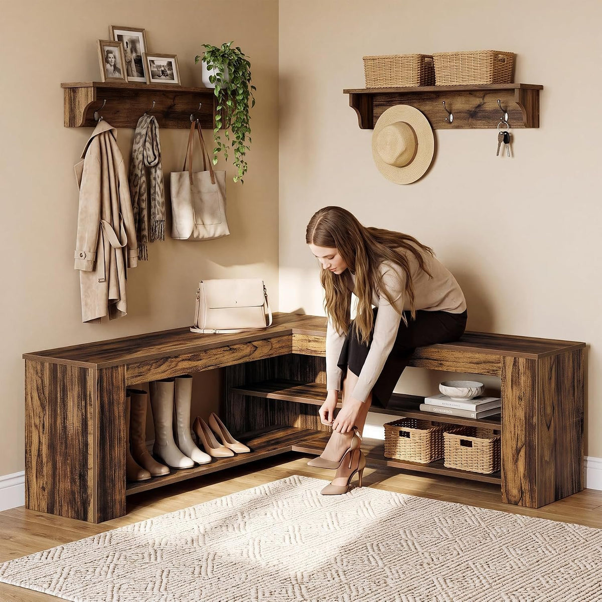 120cm L-Shaped Storage Bench, Corner Entryway Shoe Bench with 2-Tier Rack for Home Foyer