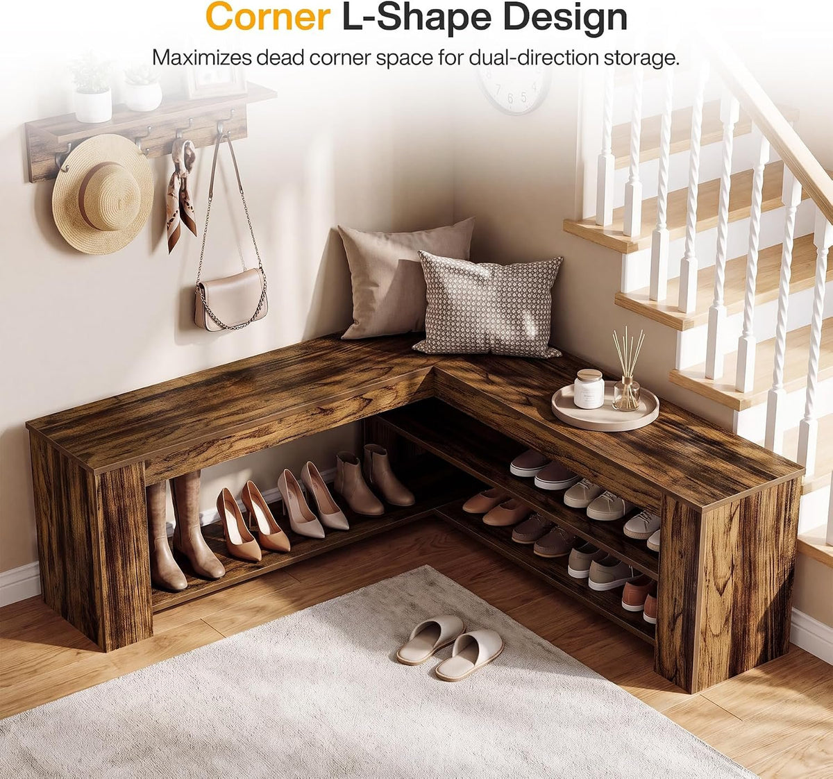 120cm L-Shaped Storage Bench, Corner Entryway Shoe Bench with 2-Tier Rack for Home Foyer