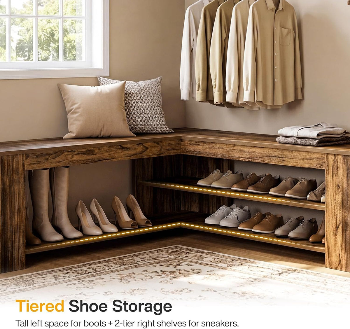 120cm L-Shaped Storage Bench, Corner Entryway Shoe Bench with 2-Tier Rack for Home Foyer