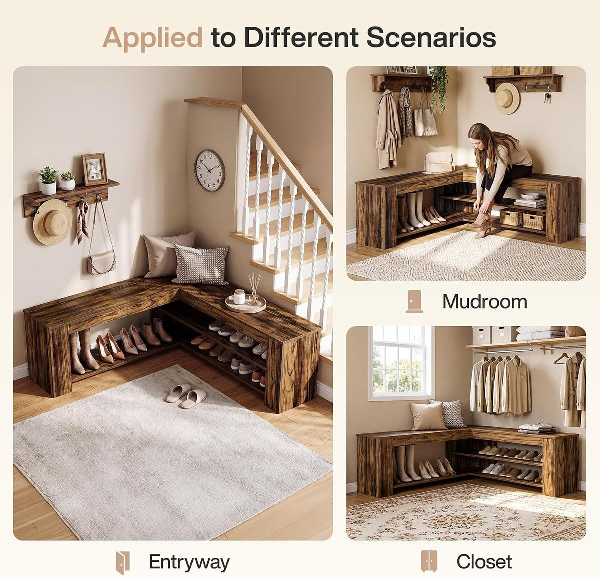 120cm L-Shaped Storage Bench, Corner Entryway Shoe Bench with 2-Tier Rack for Home Foyer