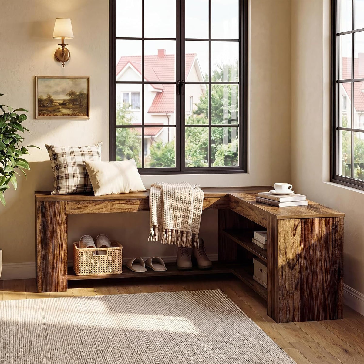 120cm L-Shaped Storage Bench, Corner Entryway Shoe Bench with 2-Tier Rack for Home Foyer
