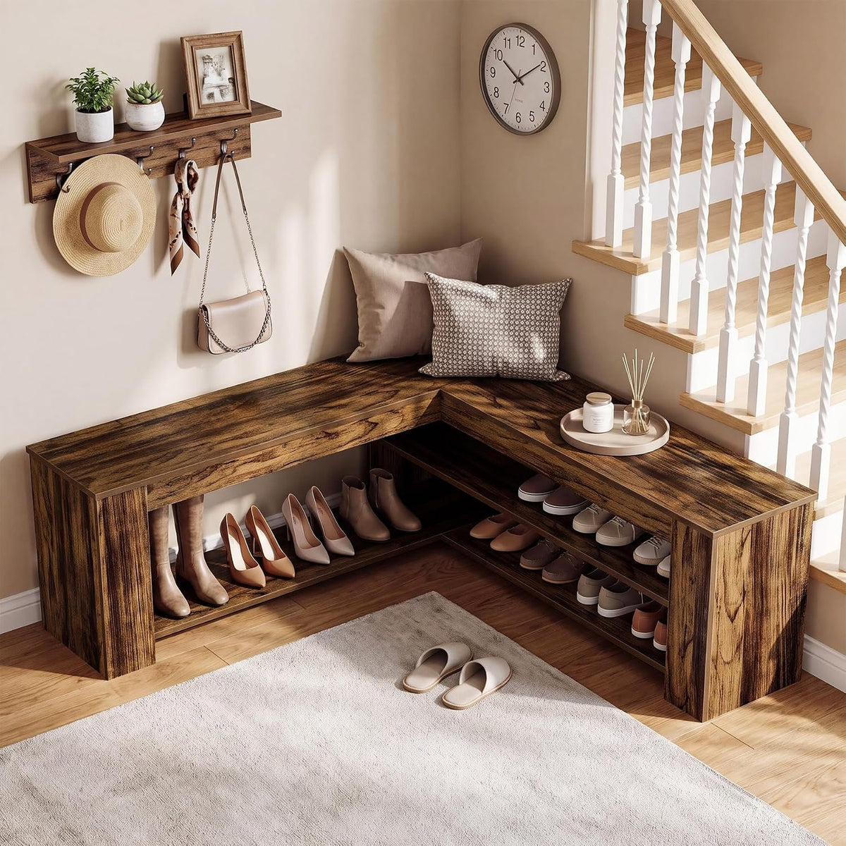 120cm L-Shaped Storage Bench, Corner Entryway Shoe Bench with 2-Tier Rack for Home Foyer