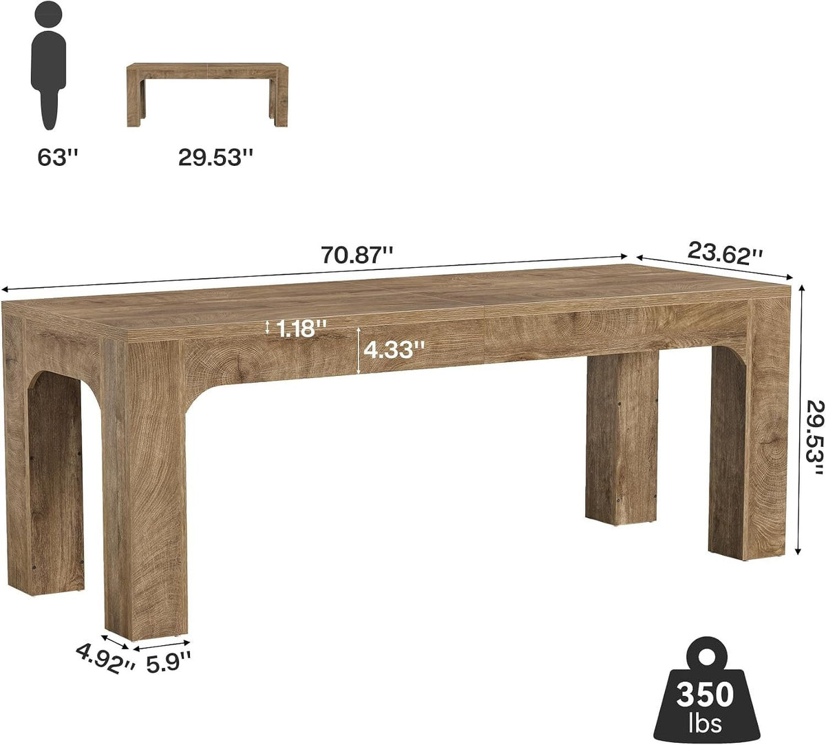 180cm Dining Table, Rustic Rectangular Table for 4-6 People