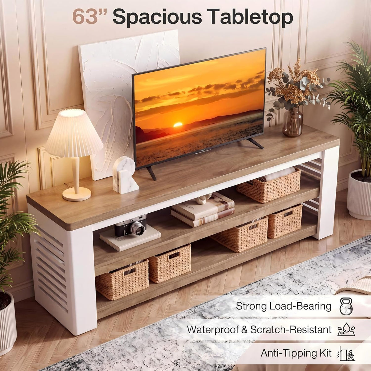160cm TV Stand, 3-Tier Storage Cabinet for TVs up to 75"