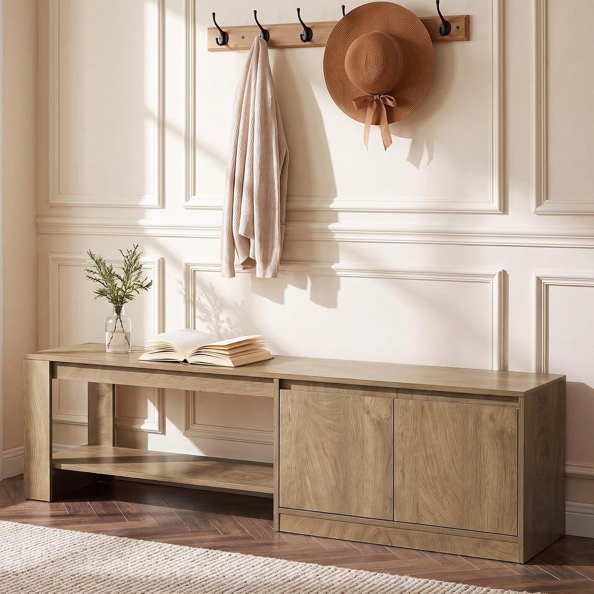 160cm Shoe Bench, Cabinet & 2-Tier Storage Shelves for Hallway