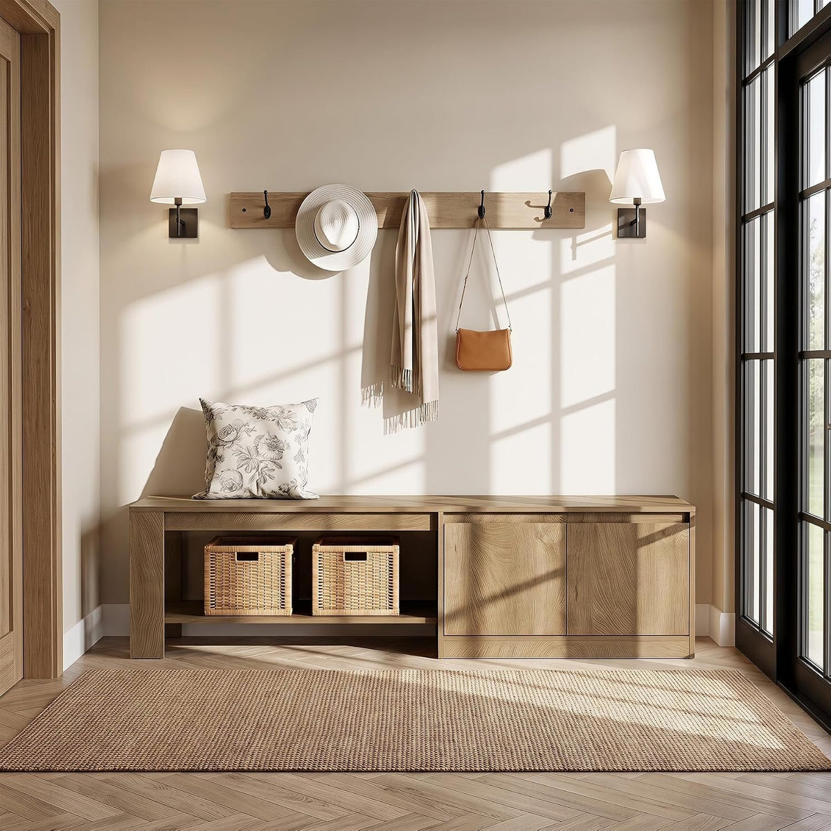 160cm Shoe Bench, Cabinet & 2-Tier Storage Shelves for Hallway