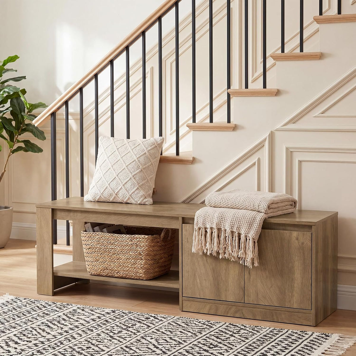 160cm Shoe Bench, Cabinet & 2-Tier Storage Shelves for Hallway
