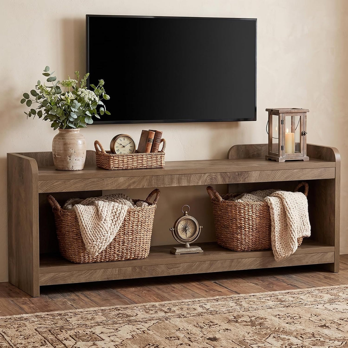 160cm TV Stand, 2-Tier Open Storage with Cable Management for 70" TV Living Room