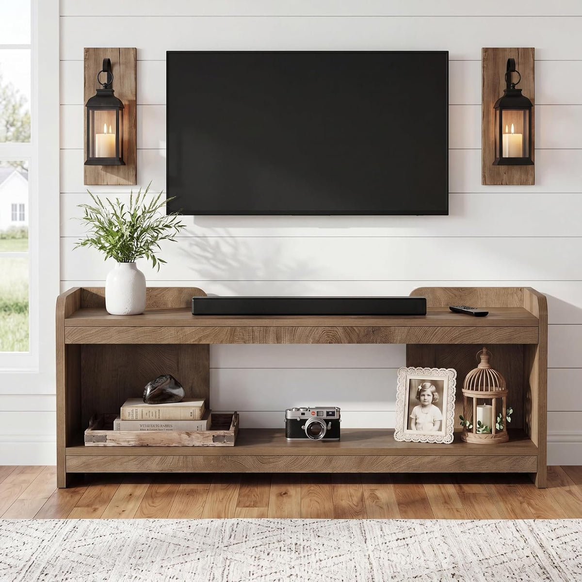 160cm TV Stand, 2-Tier Open Storage with Cable Management for 70" TV Living Room