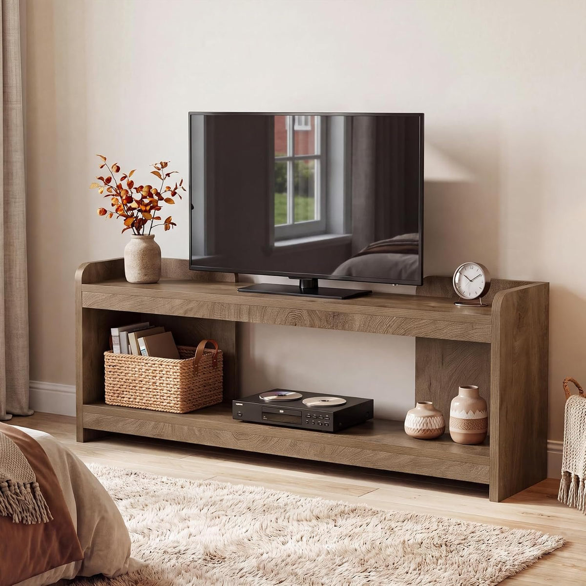 160cm TV Stand, 2-Tier Open Storage with Cable Management for 70" TV Living Room